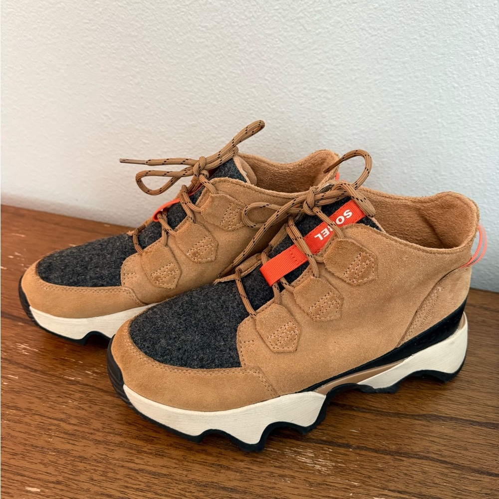 Sorel Tan Suede & Dark Gray Wool Lace-Up Platform Sneakers with Orange Accent
